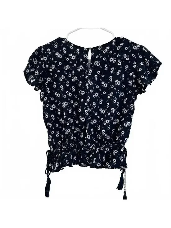 Floral Print Short Sleeve Cinched Waist Blouse BLUE WHITE XS - Picture 2 of 7